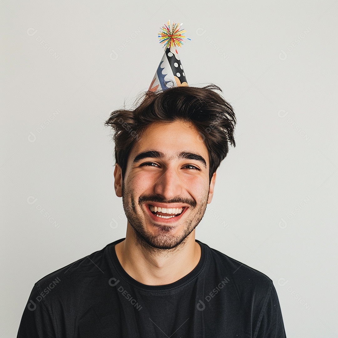 Homem sorridente, usando um chapéu de festa em um fundo branco