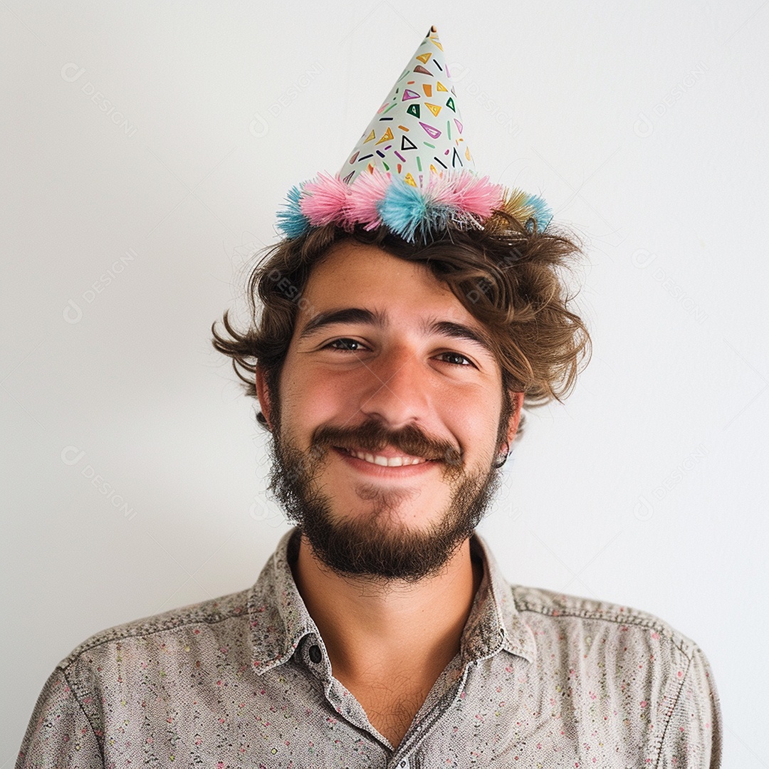Homem sorridente, usando um chapéu de festa em um fundo branco