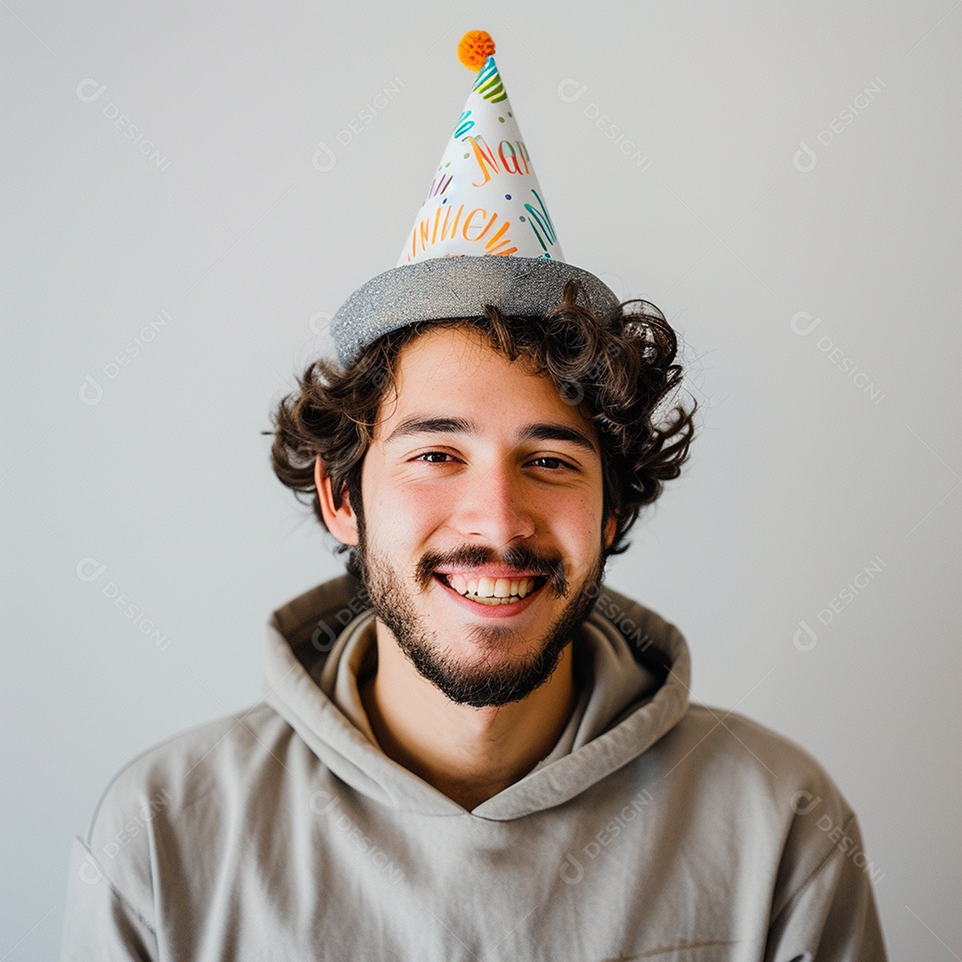 Homem sorridente, usando um chapéu de festa em um fundo branco