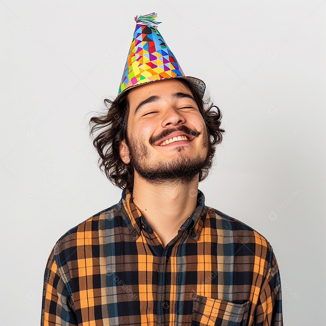 Homem sorridente, usando um chapéu de festa em um fundo branco