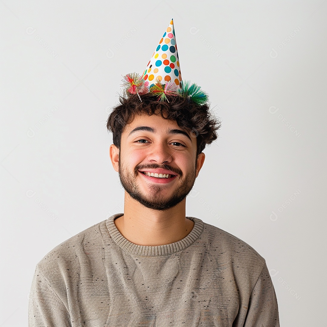 Homem sorridente, usando um chapéu de festa em um fundo branco