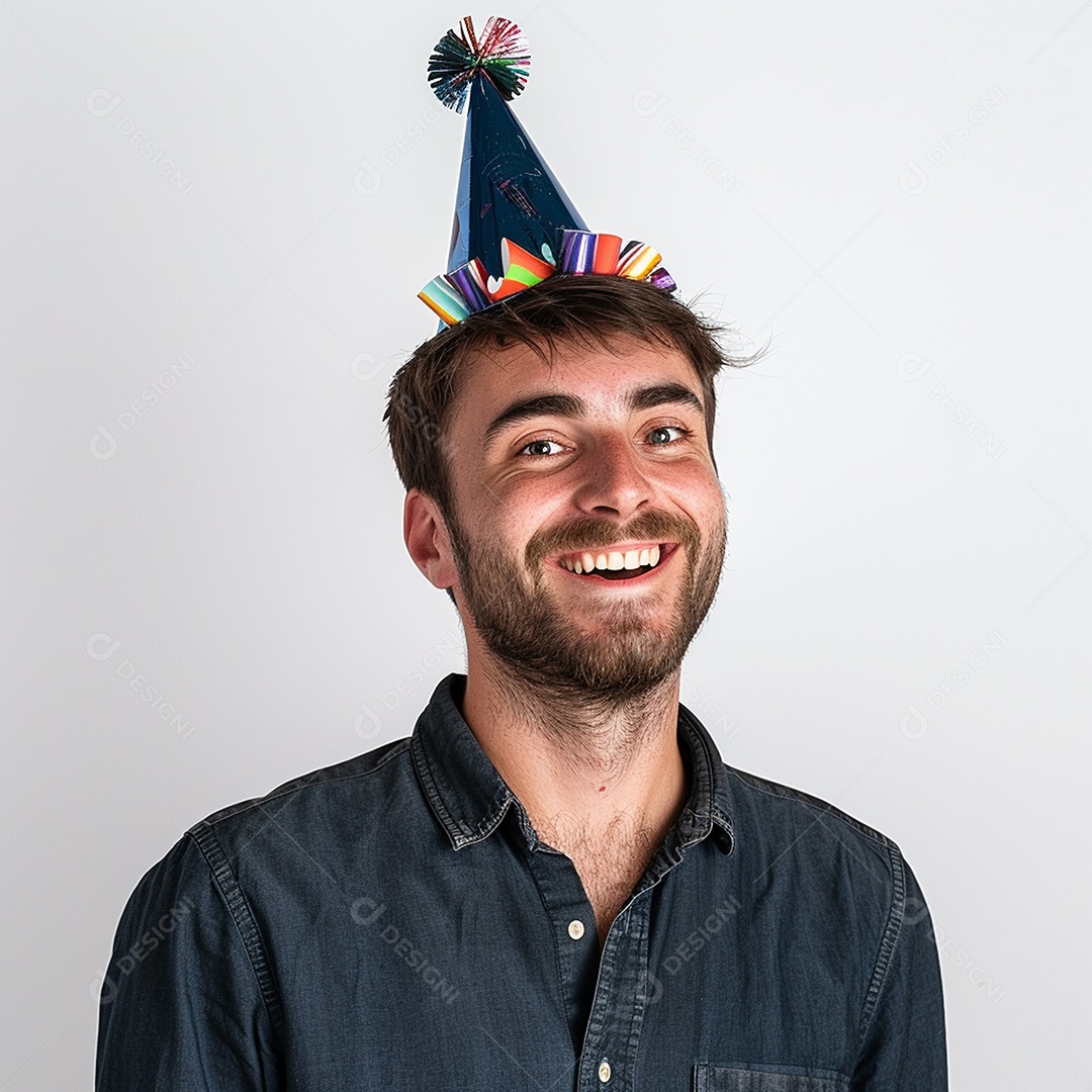 Homem sorridente, usando um chapéu de festa em um fundo branco