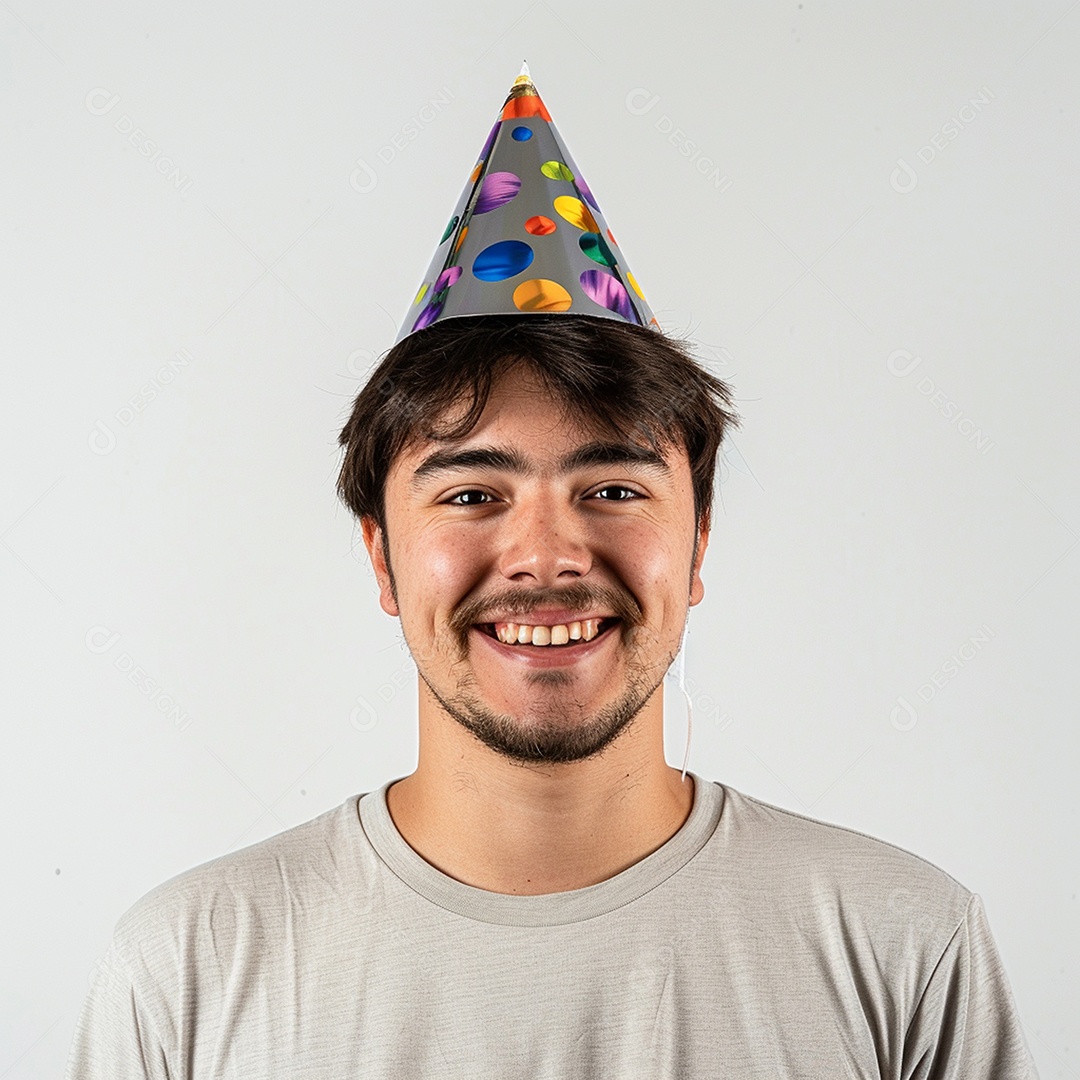 Homem sorridente, usando um chapéu de festa em um fundo branco