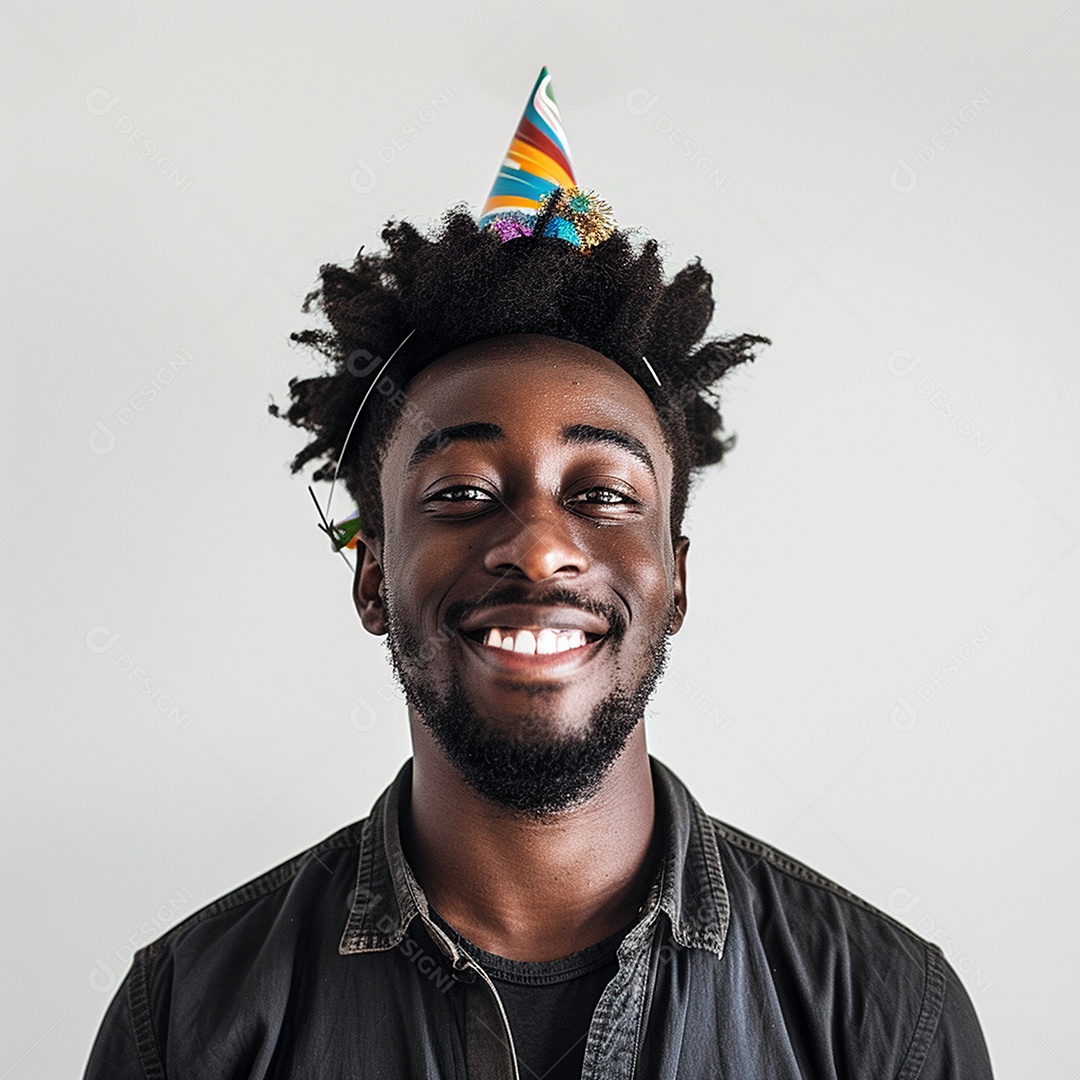 Homem sorridente, usando um chapéu de festa em um fundo branco