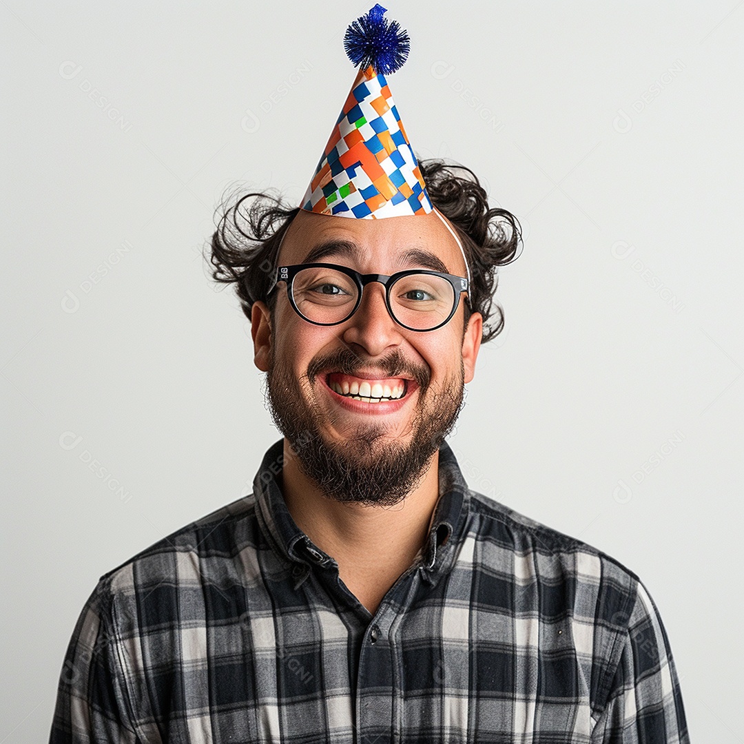 Homem sorridente, usando um chapéu de festa em um fundo branco