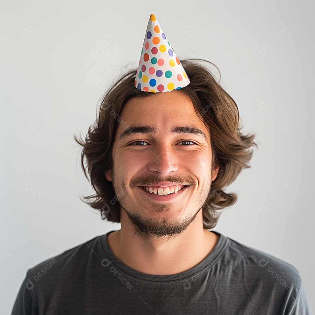 Homem sorridente, usando um chapéu de festa em um fundo branco