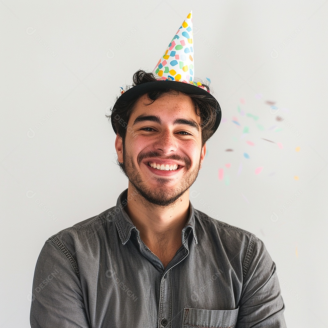Homem sorridente, usando um chapéu de festa em um fundo branco