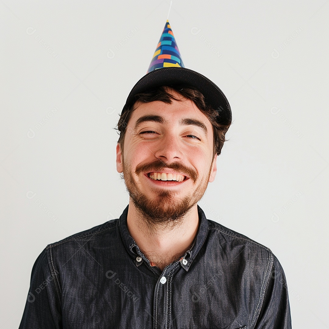 Homem sorridente, usando um chapéu de festa em um fundo branco