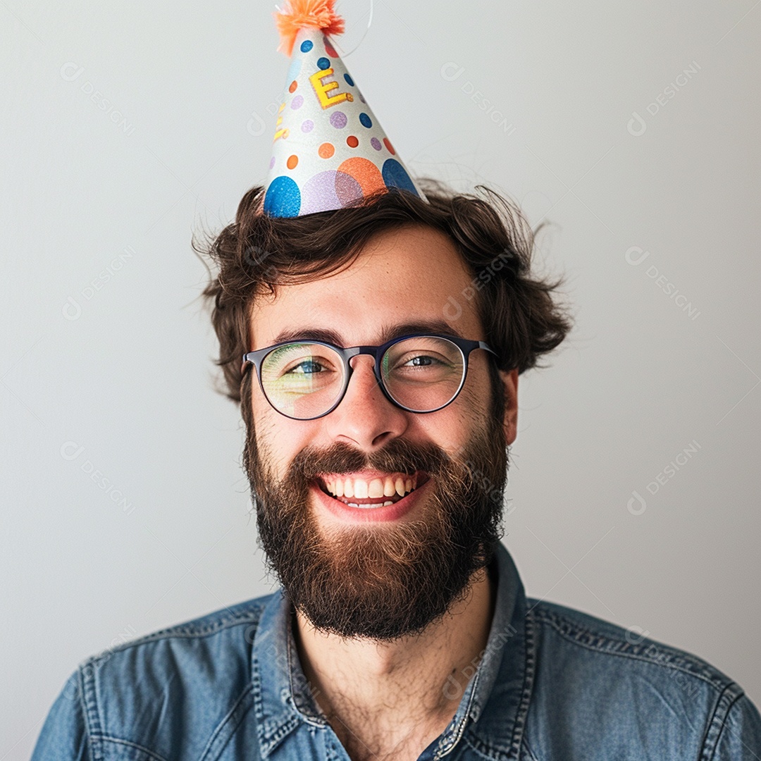 Homem sorridente, usando um chapéu de festa em um fundo branco