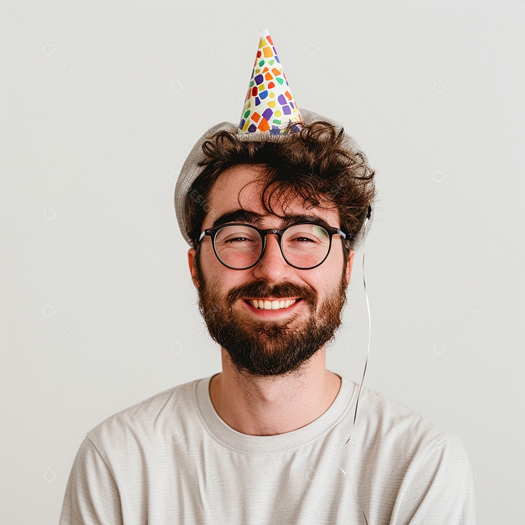 Homem sorridente, usando um chapéu de festa em um fundo branco