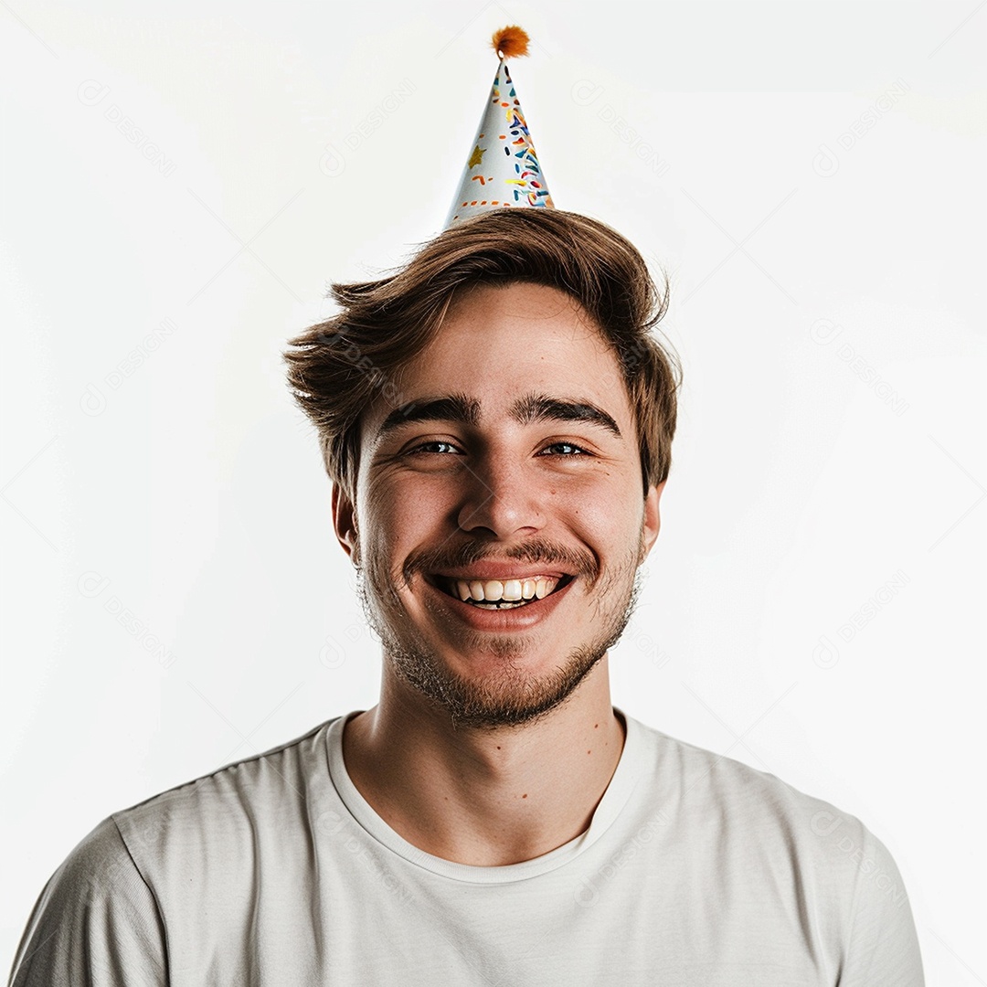 Homem sorridente, usando um chapéu de festa em um fundo branco