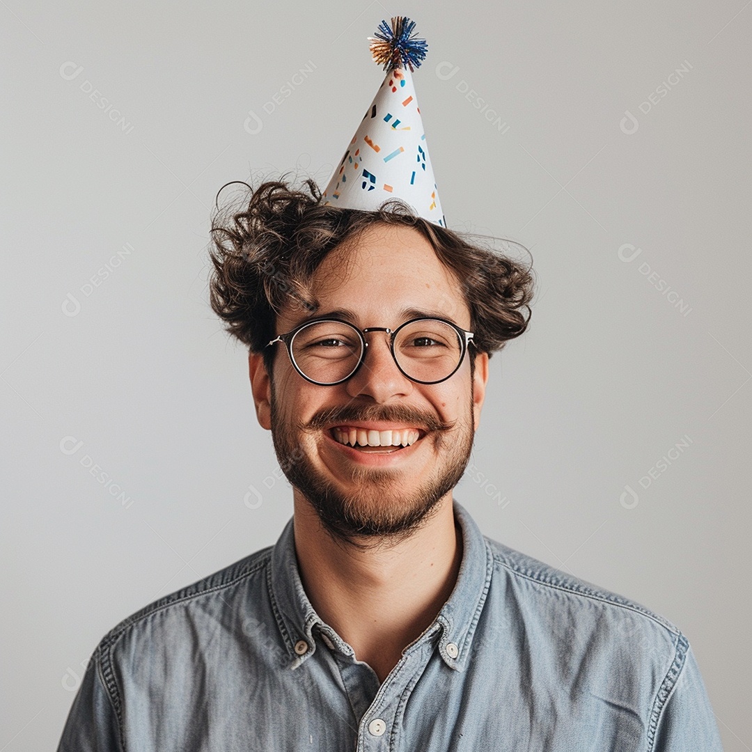 Homem sorridente, usando um chapéu de festa em um fundo branco
