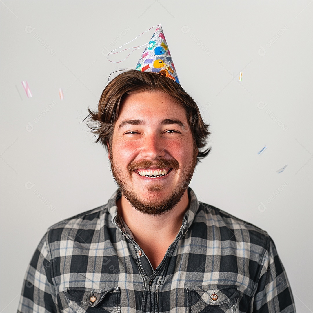 Homem sorridente, usando um chapéu de festa em um fundo branco