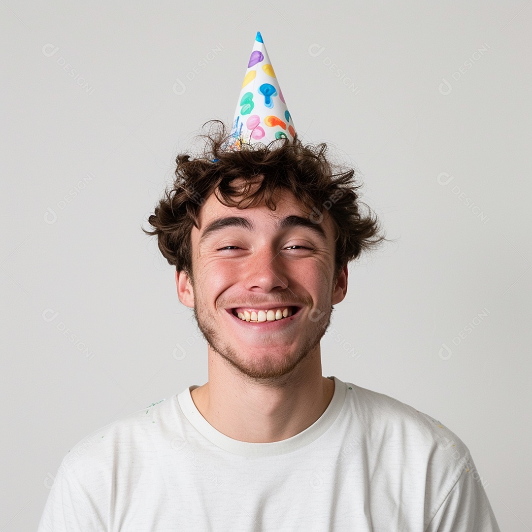 Homem sorridente, usando um chapéu de festa em um fundo branco