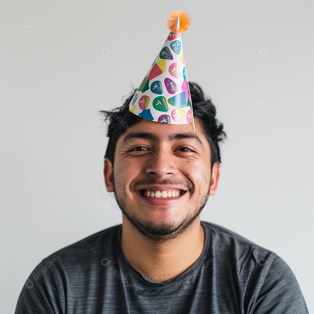 Homem sorridente, usando um chapéu de festa em um fundo branco