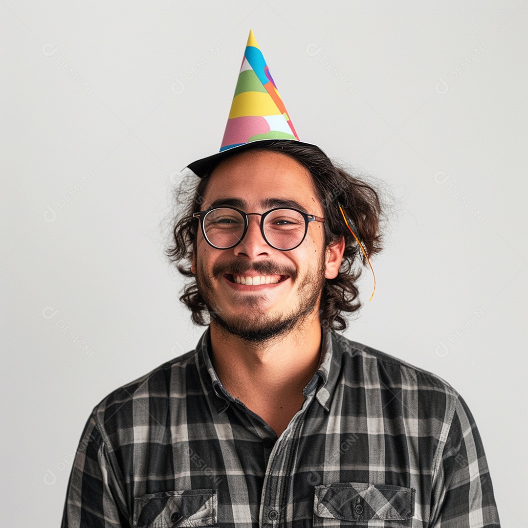 Homem sorridente, usando um chapéu de festa em um fundo branco