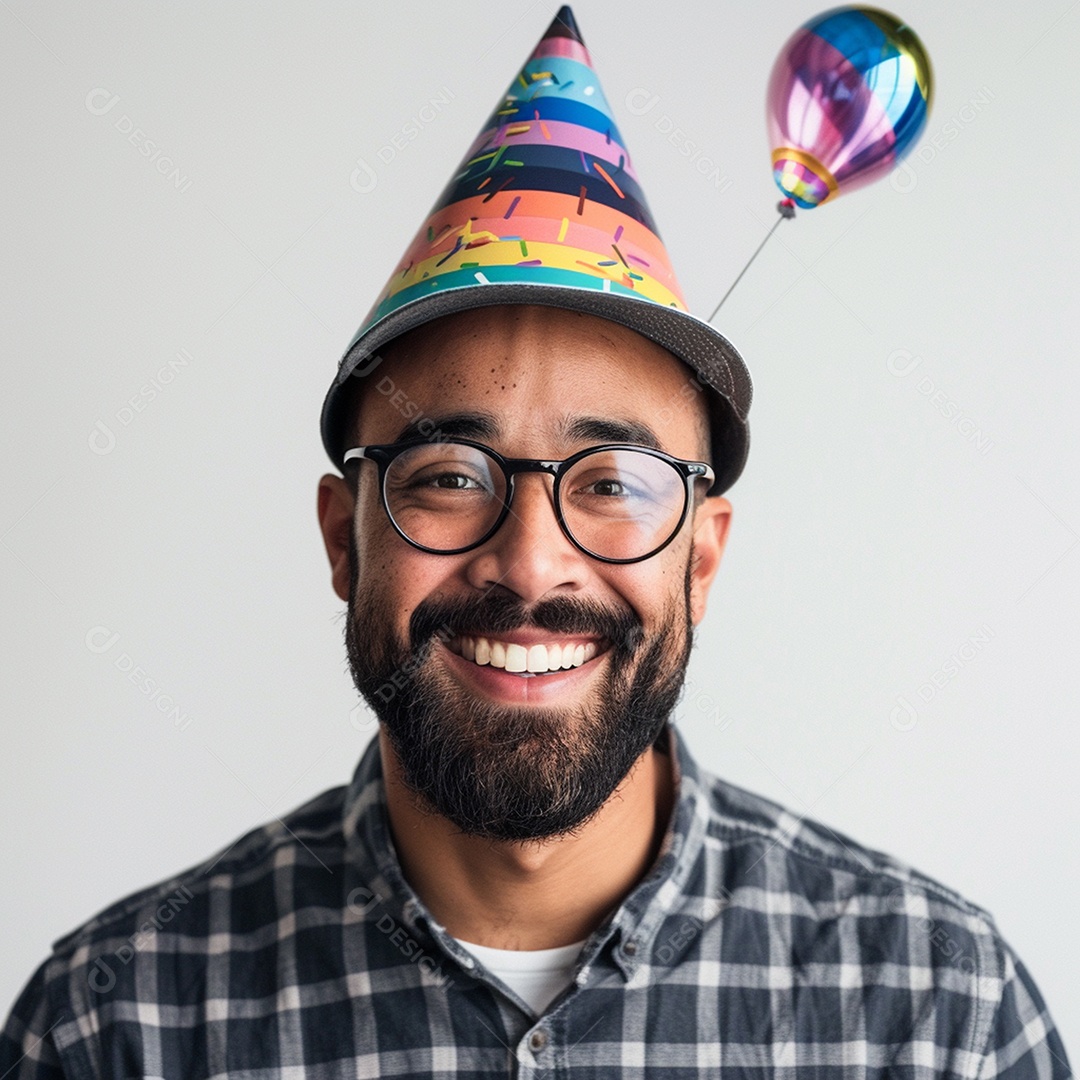 Homem sorridente, usando um chapéu de festa em um fundo branco