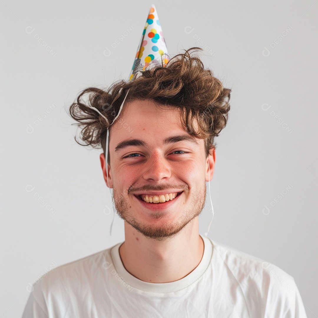 Homem sorridente, usando um chapéu de festa em um fundo branco