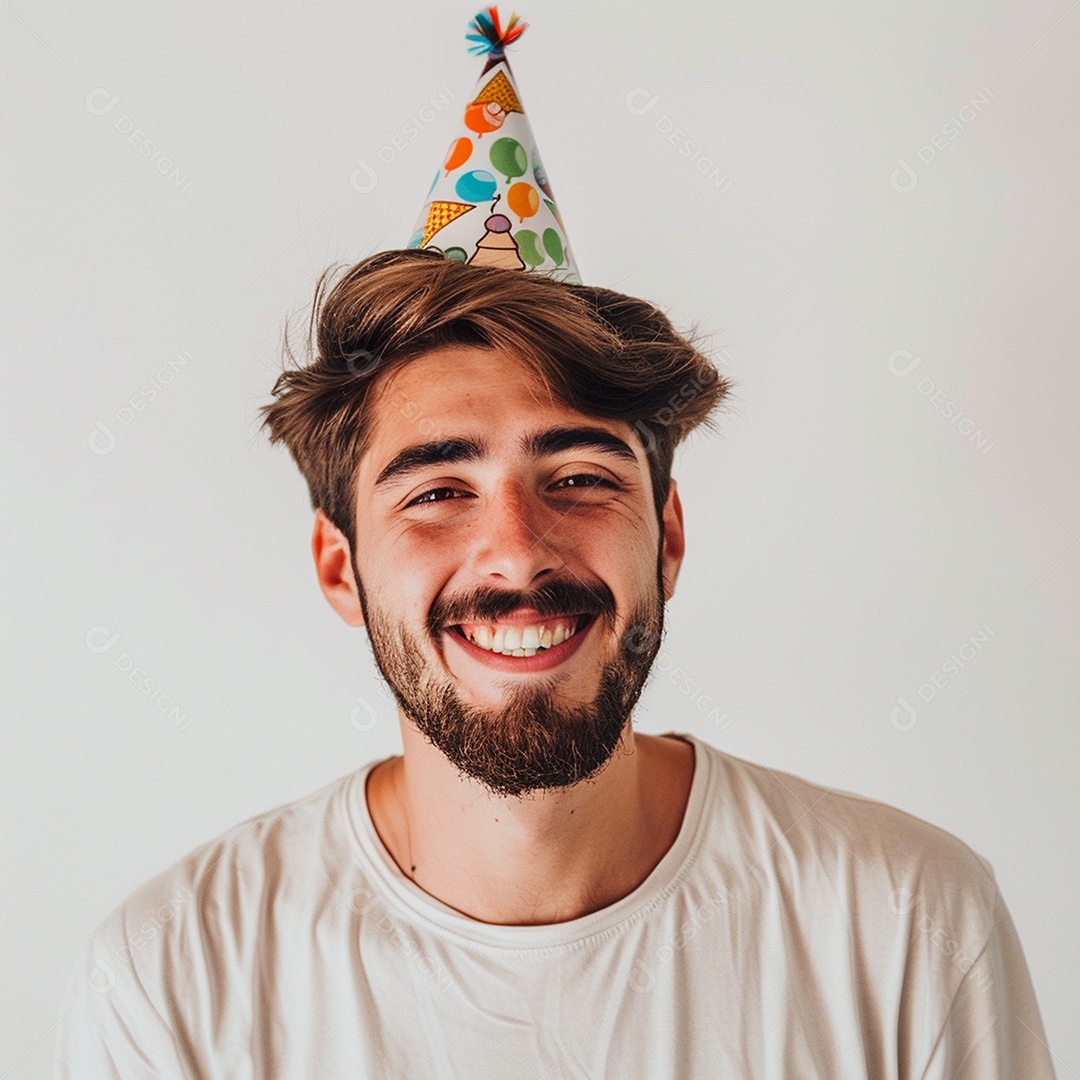 Homem sorridente, usando um chapéu de festa em um fundo branco
