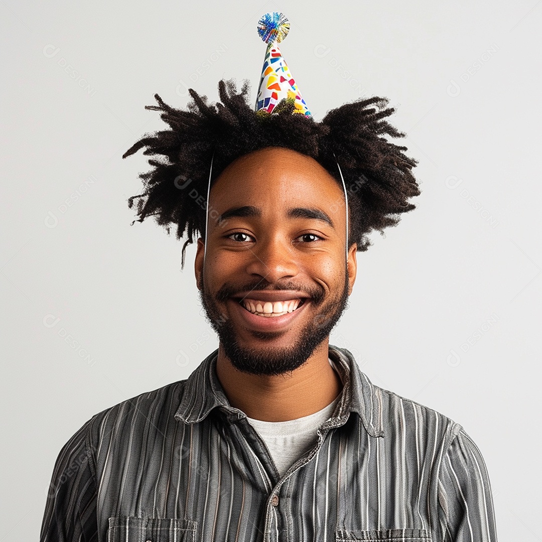 Homem sorridente, usando um chapéu de festa em um fundo branco