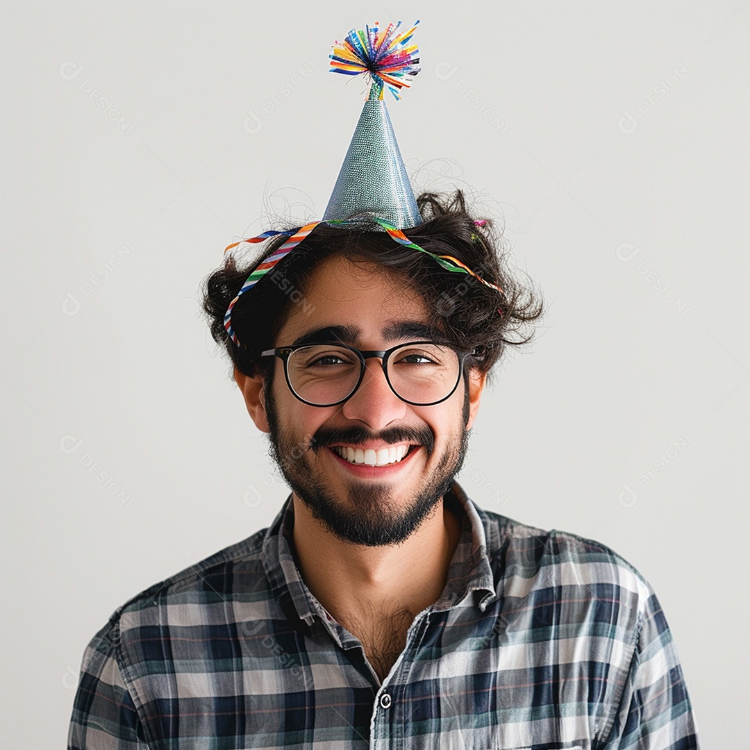 Homem sorridente, usando um chapéu de festa em um fundo branco