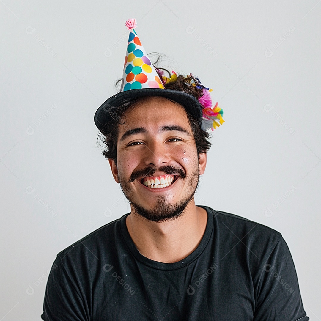 Homem sorridente, usando um chapéu de festa em um fundo branco