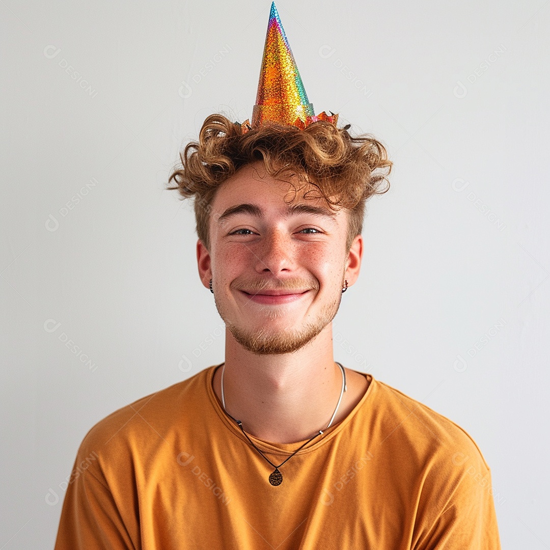 Homem sorridente, usando um chapéu de festa em um fundo branco
