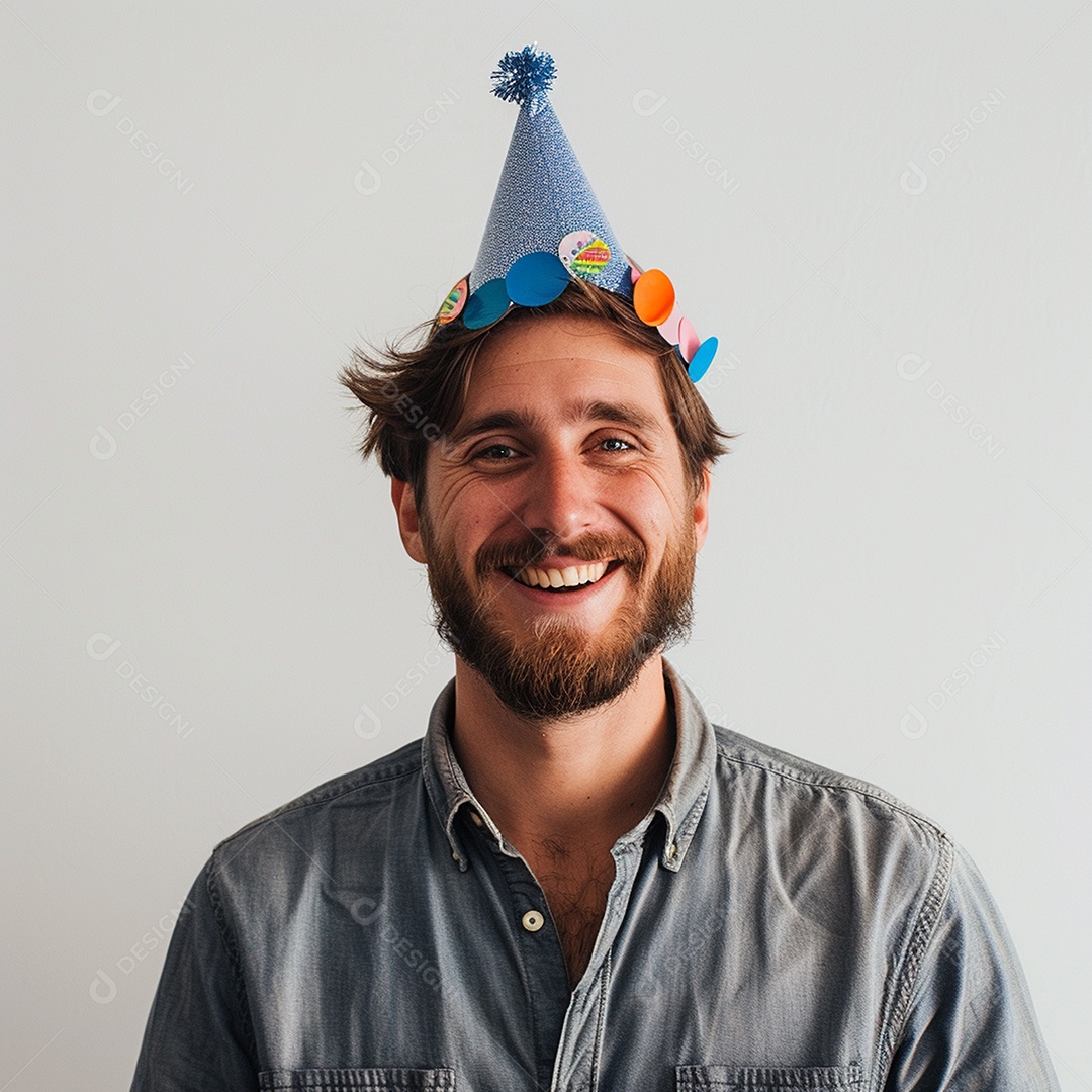 Homem sorridente, usando um chapéu de festa em um fundo branco