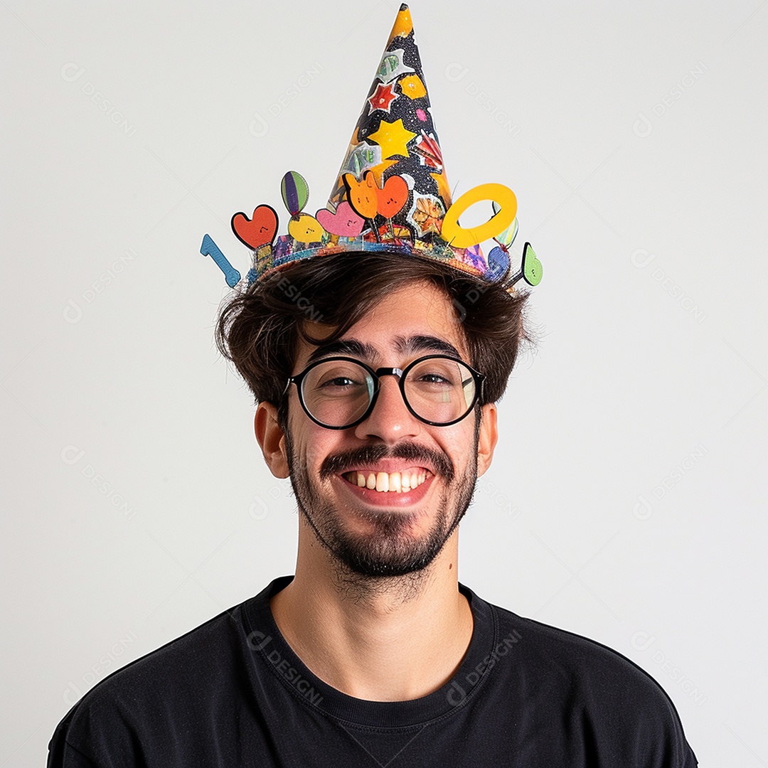 Homem sorridente, usando um chapéu de festa em um fundo branco