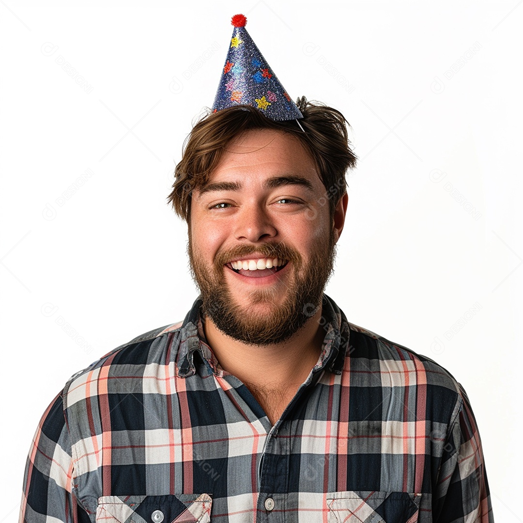 Homem sorridente, usando um chapéu de festa em um fundo branco