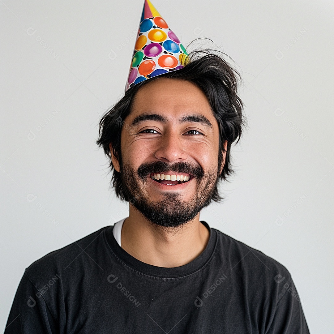 Homem sorridente, usando um chapéu de festa em um fundo branco