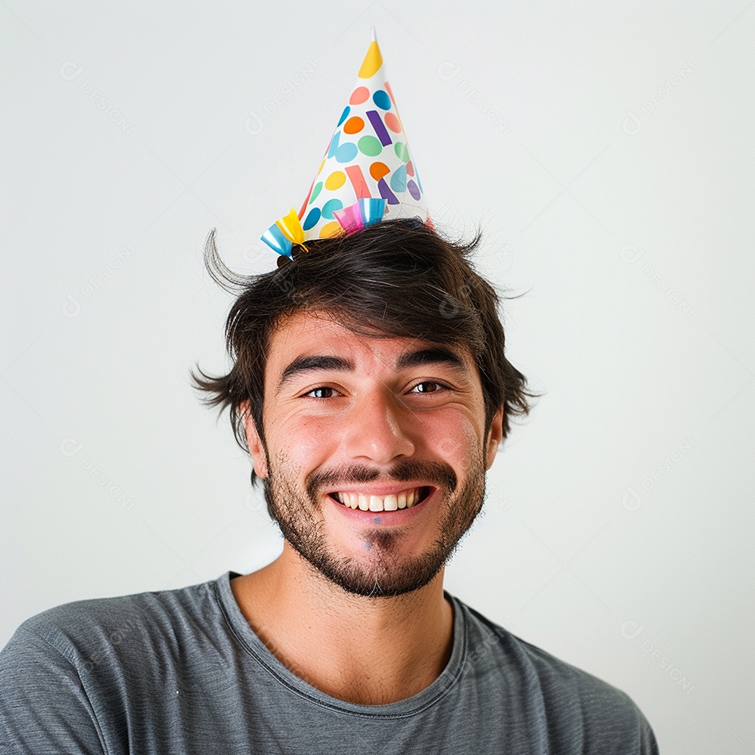 Homem sorridente, usando um chapéu de festa em um fundo branco