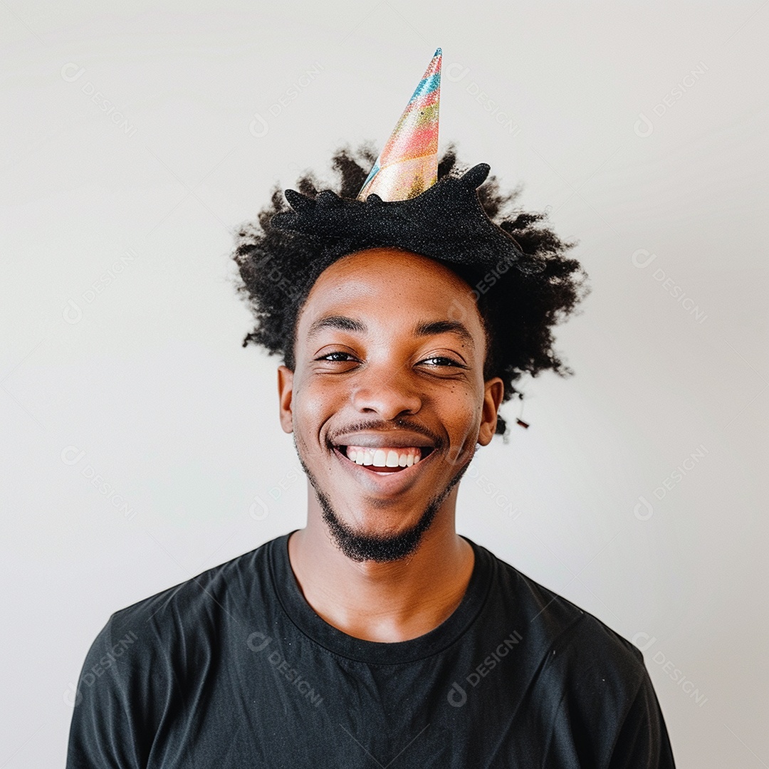 Homem sorridente, usando um chapéu de festa em um fundo branco