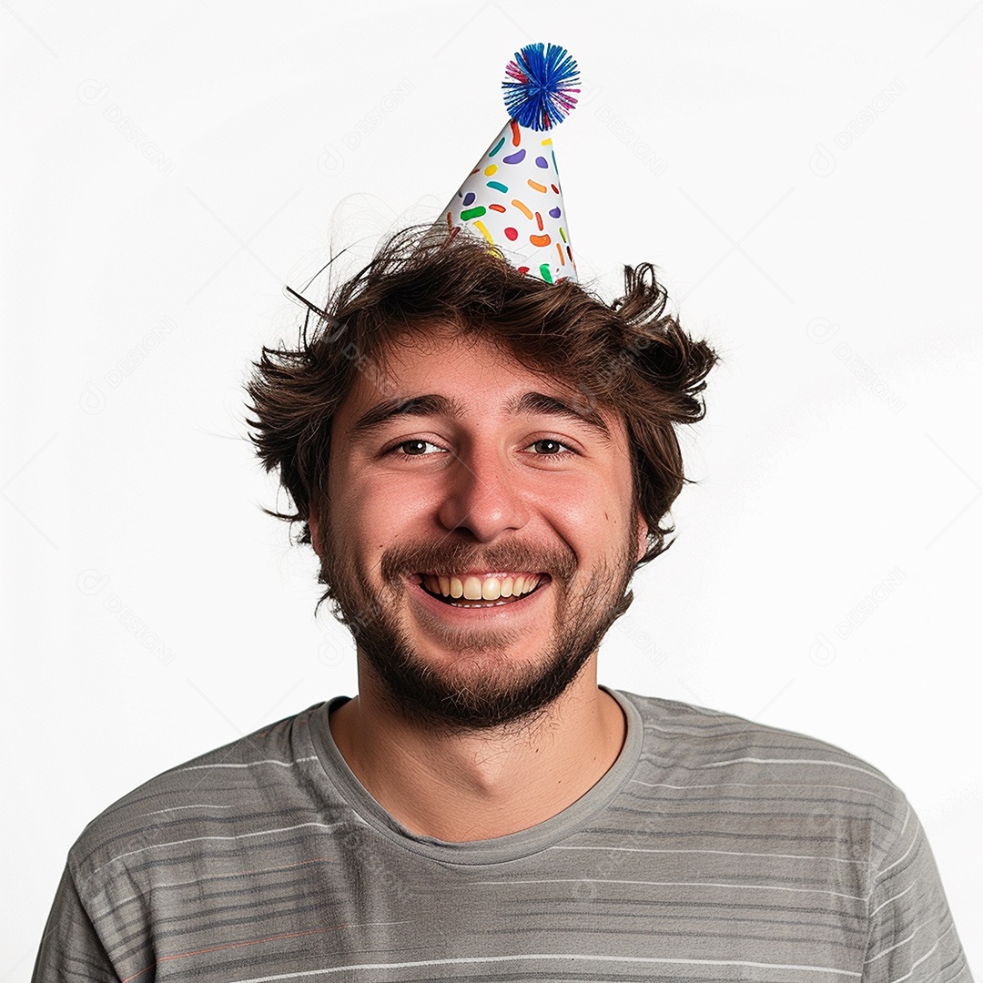 Homem sorridente, usando um chapéu de festa em um fundo branco
