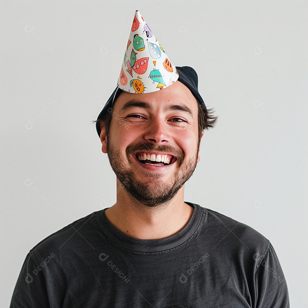 Homem sorridente, usando um chapéu de festa em um fundo branco