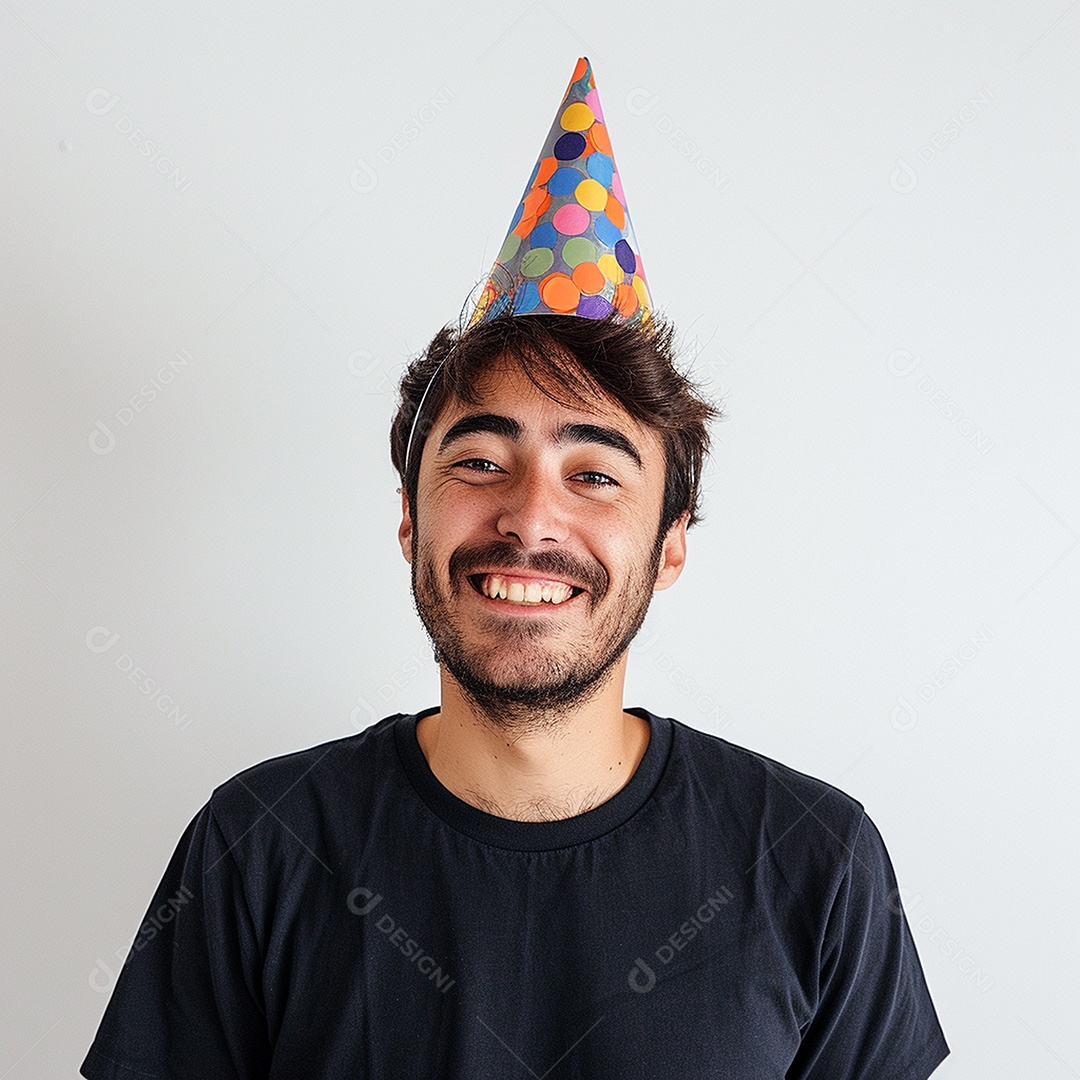 Homem sorridente, usando um chapéu de festa em um fundo branco