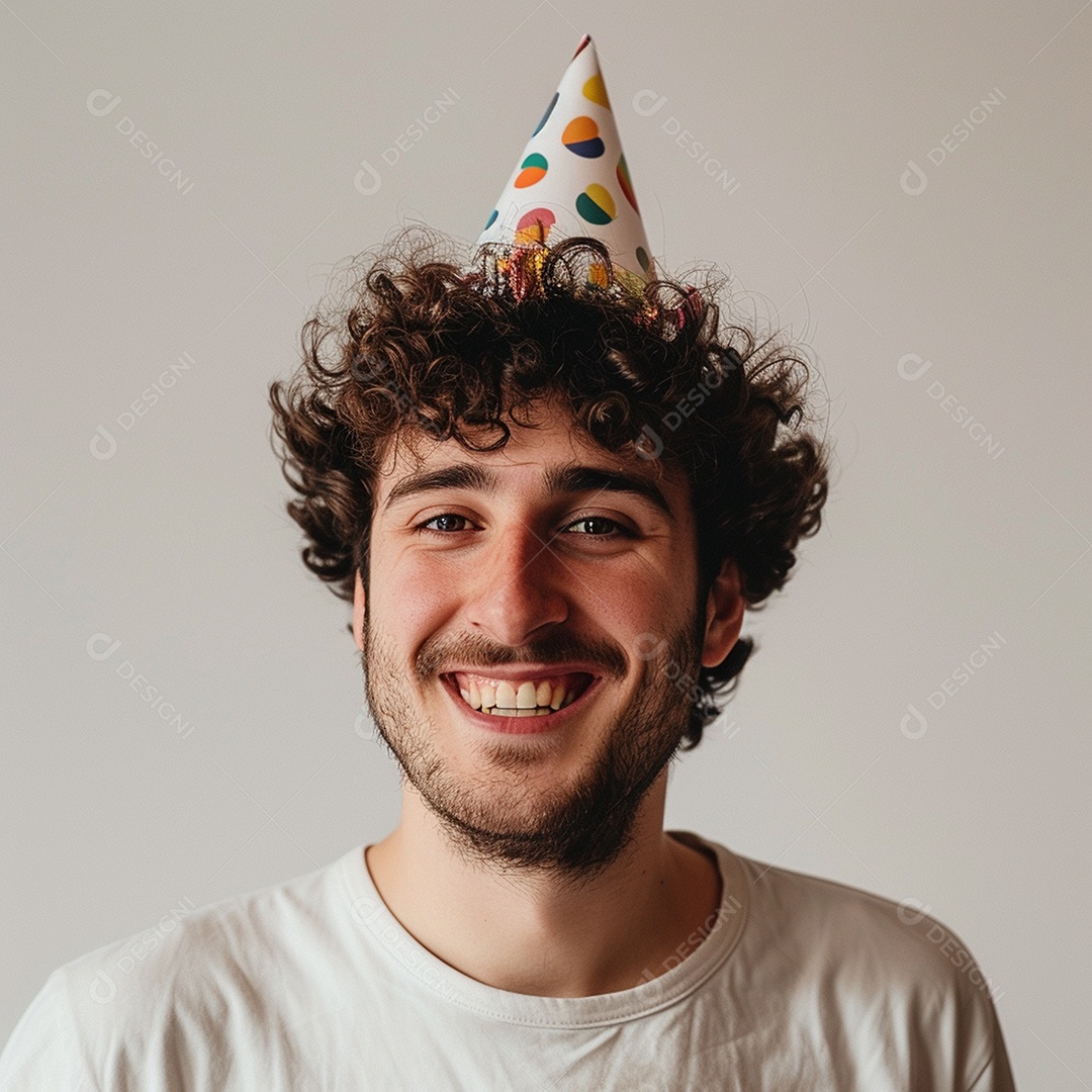 Homem sorridente, usando um chapéu de festa em um fundo branco