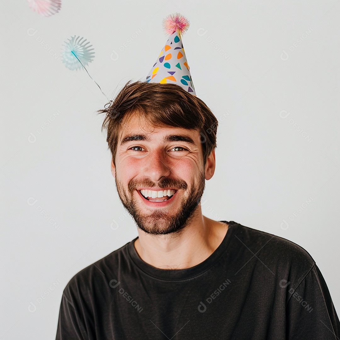 Homem sorridente, usando um chapéu de festa em um fundo branco