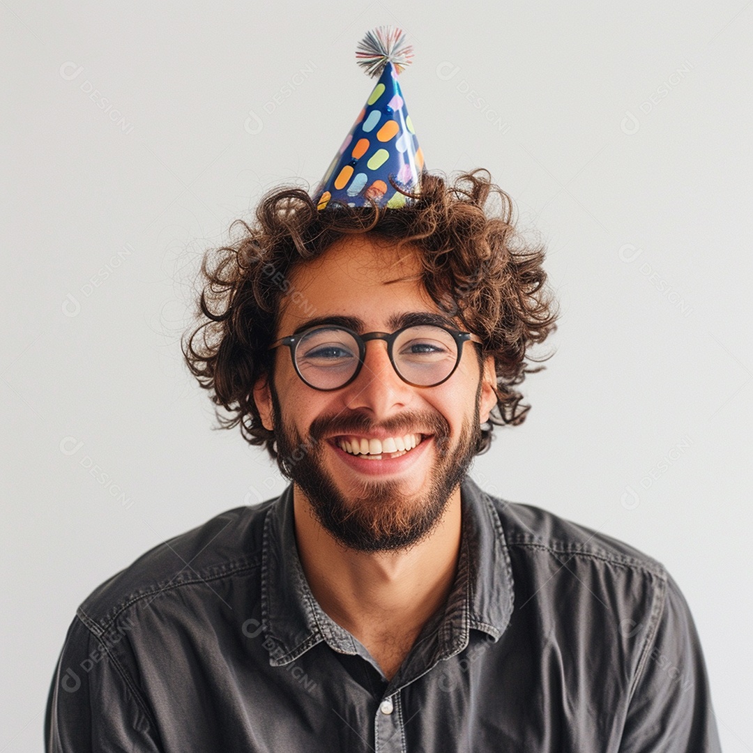 Homem sorridente, usando um chapéu de festa em um fundo branco