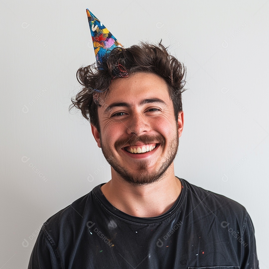 Homem sorridente, usando um chapéu de festa em um fundo branco