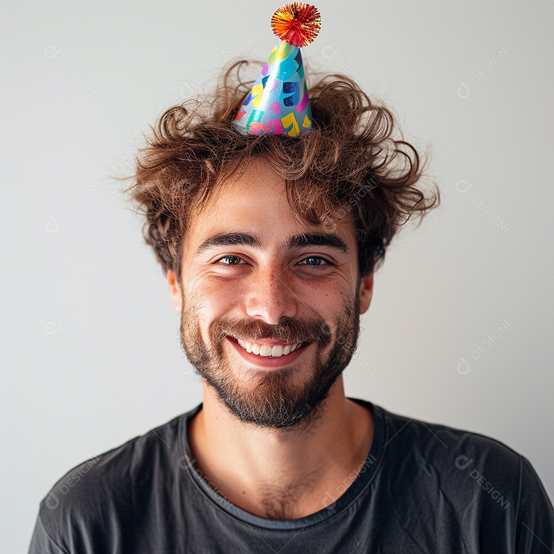 Homem sorridente, usando um chapéu de festa em um fundo branco