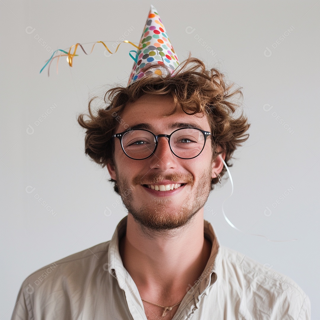 Homem sorridente, usando um chapéu de festa em um fundo branco