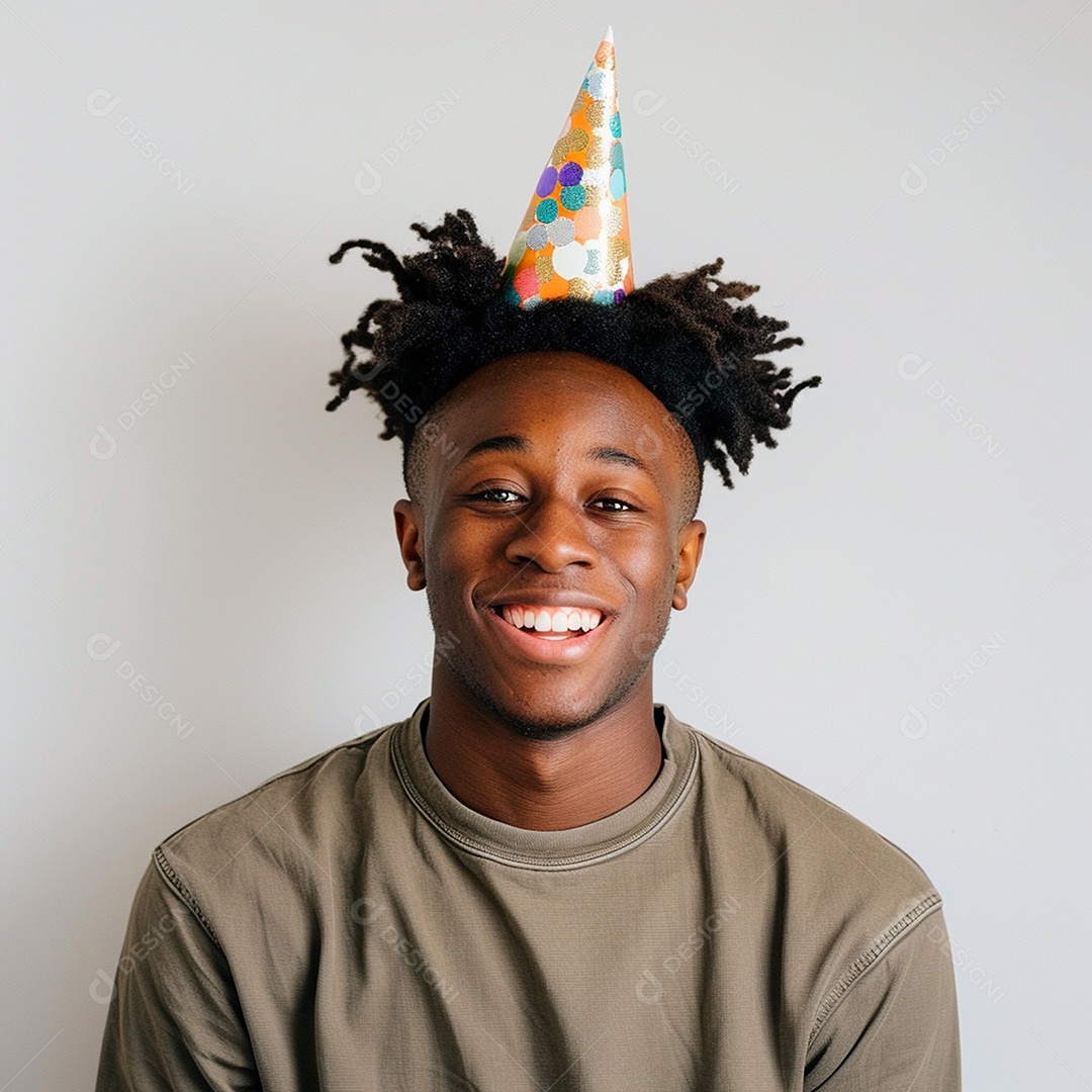 Homem sorridente, usando um chapéu de festa em um fundo branco
