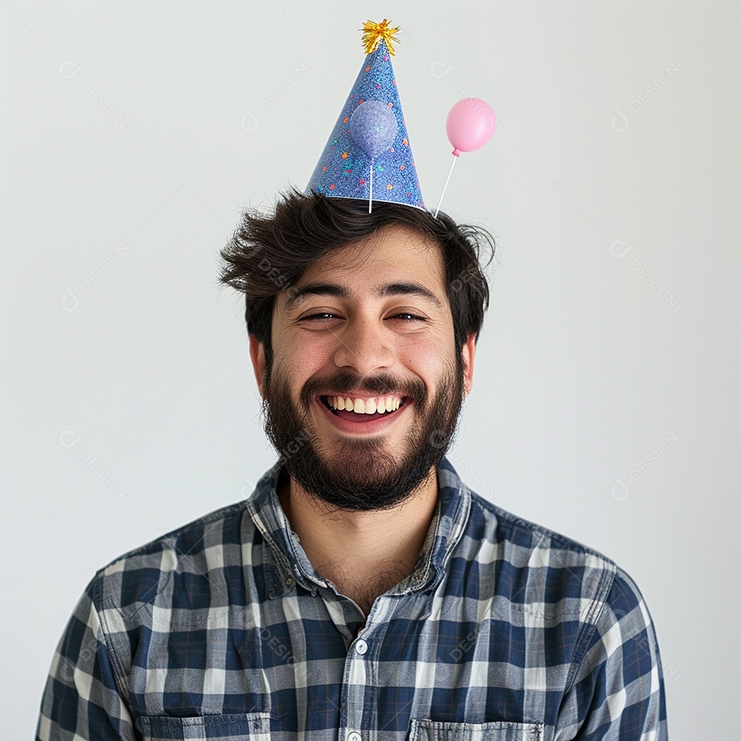 Homem sorridente, usando um chapéu de festa em um fundo branco