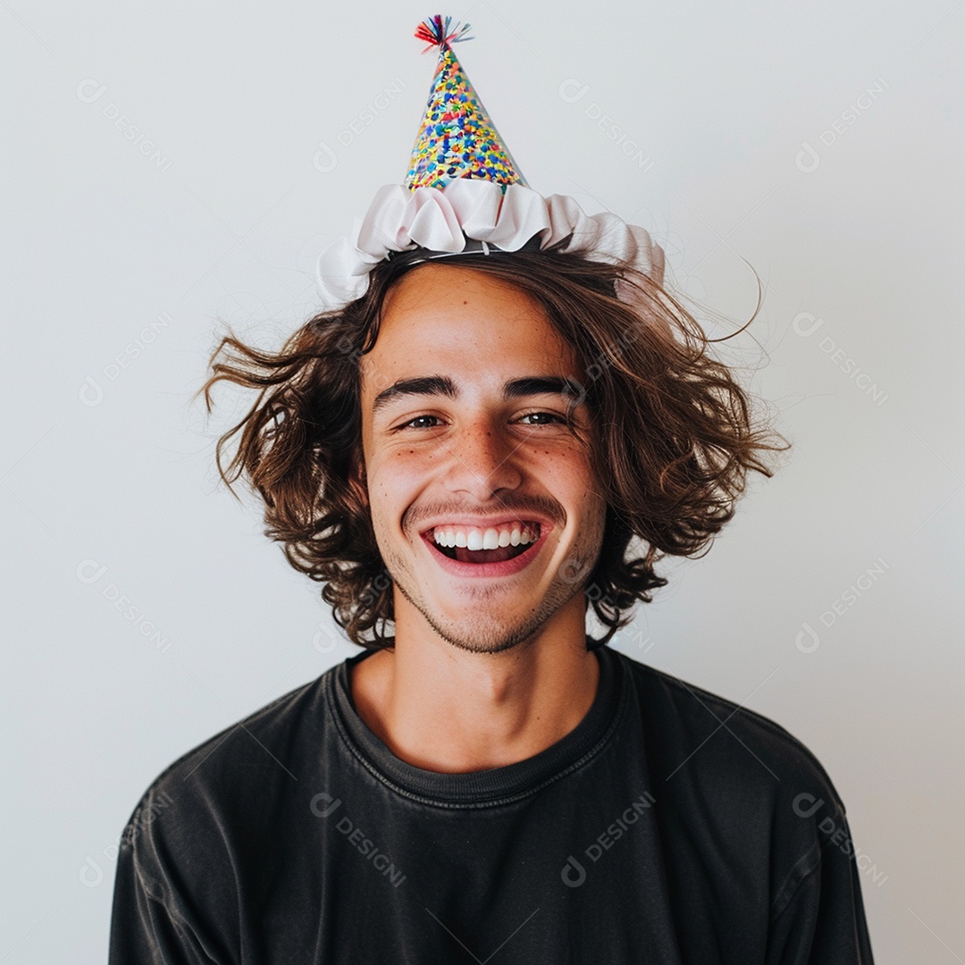 Homem sorridente, usando um chapéu de festa em um fundo branco