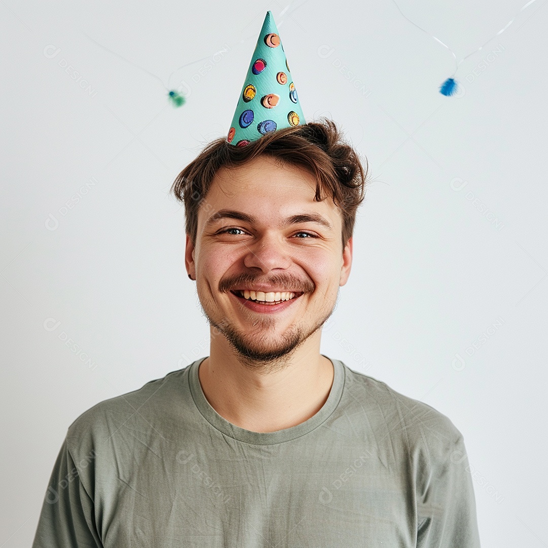 Homem sorridente, usando um chapéu de festa em um fundo branco