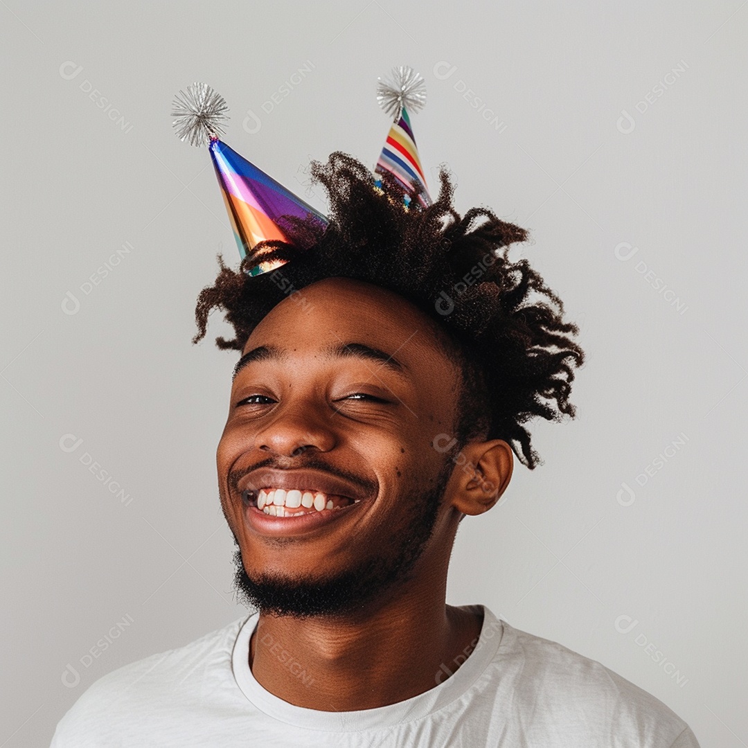 Homem sorridente, usando um chapéu de festa em um fundo branco