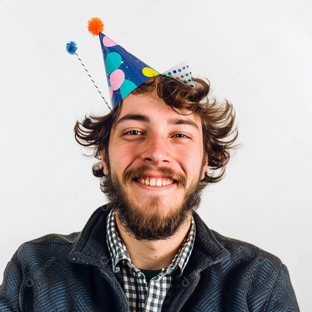 Homem sorridente, usando um chapéu de festa em um fundo branco