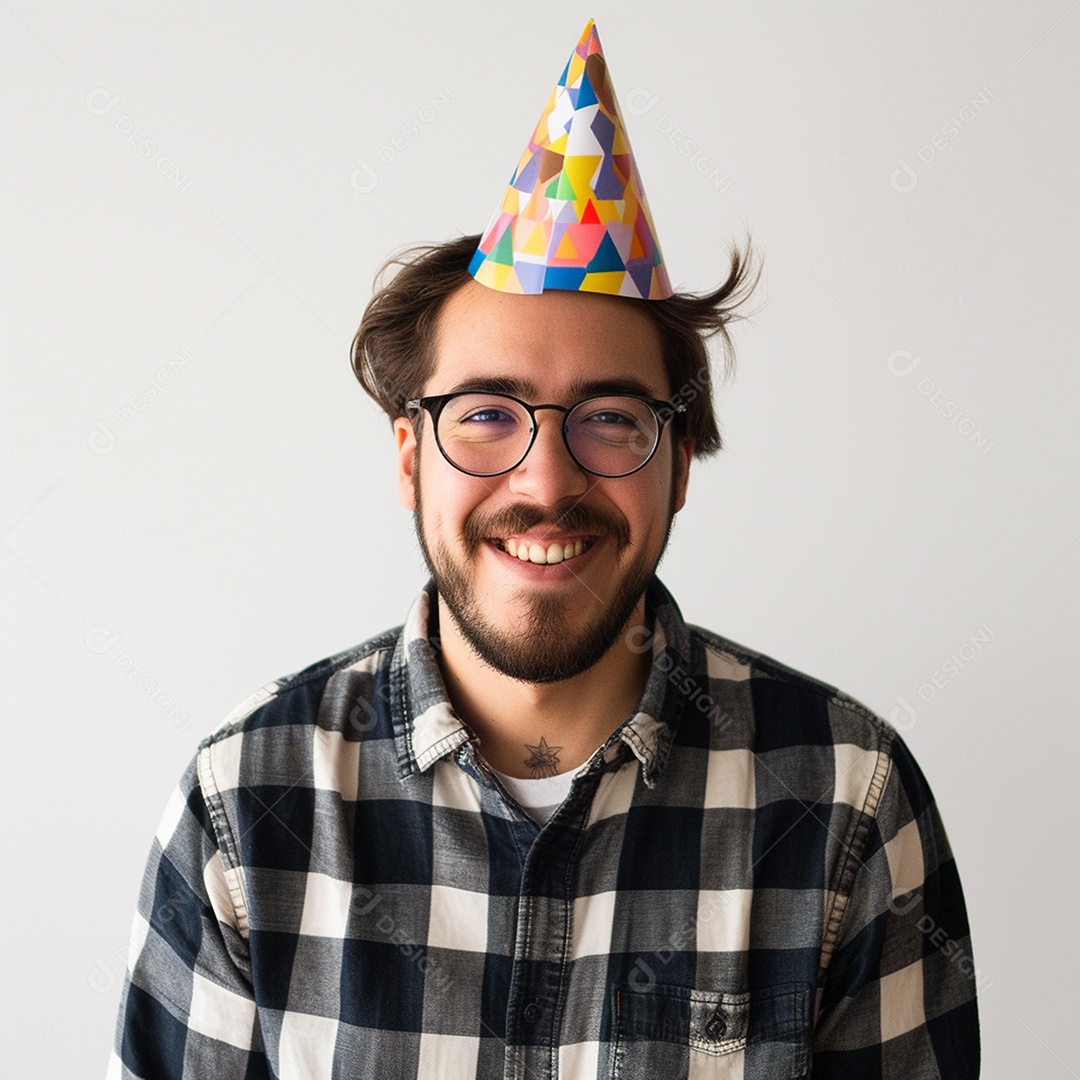 Homem sorridente, usando um chapéu de festa em um fundo branco