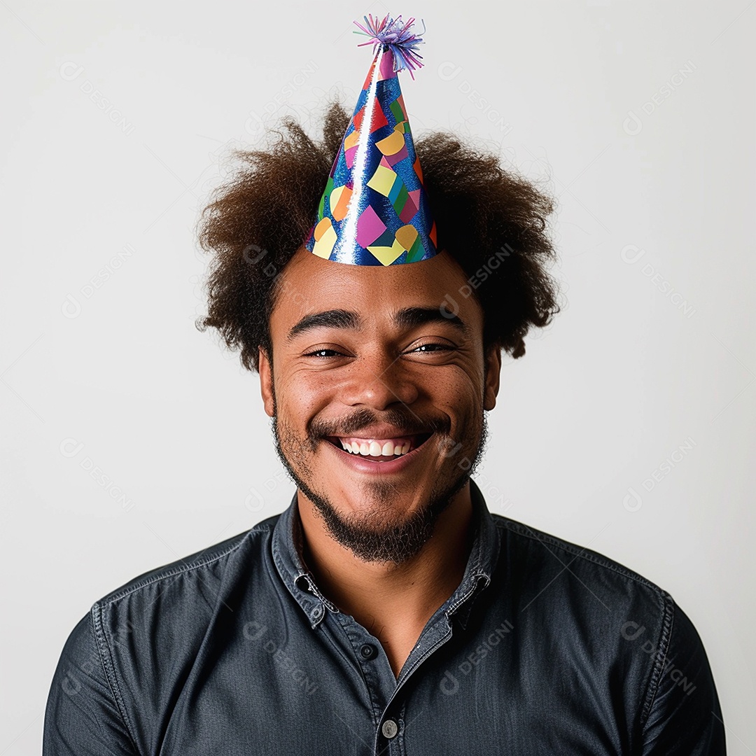 Homem sorridente, usando um chapéu de festa em um fundo branco
